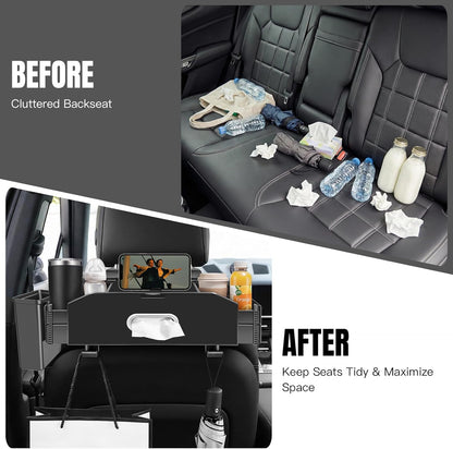 5-in-1 Back Seat Car Organizer and Storage with Extendable Cup Holder, Tissue Holder, Phone Holder, Hanging Hooks, Trash Bin, Back of Seat Car Headrest Organization Accessories for Women Man