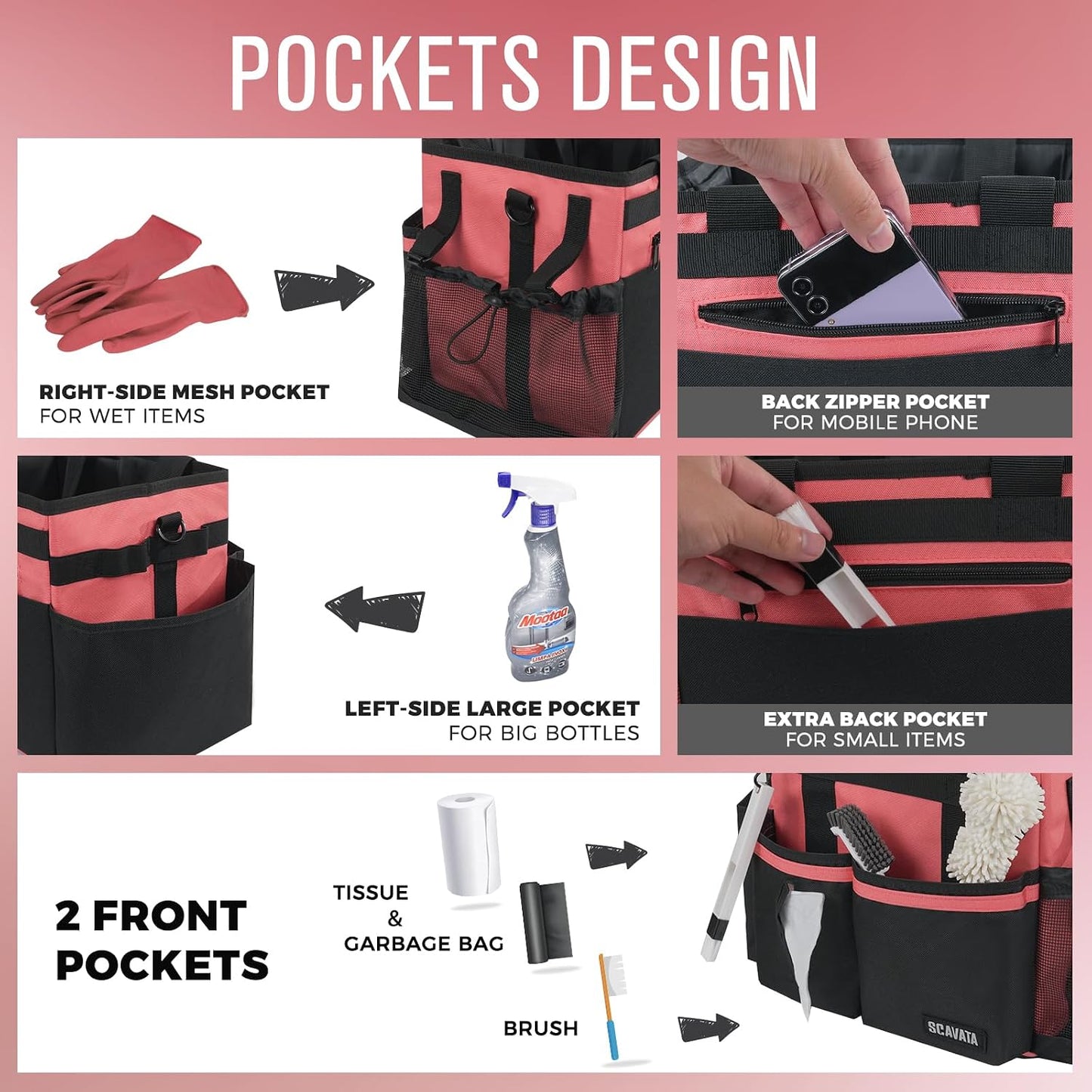 SCAVATA Compact Wearable Cleaning Caddy, Small Supplies Organizer with Handle & Shoulder Straps for Housekeepers, Under Sink & Car Cleaning Tool Organizer Bag (Black)