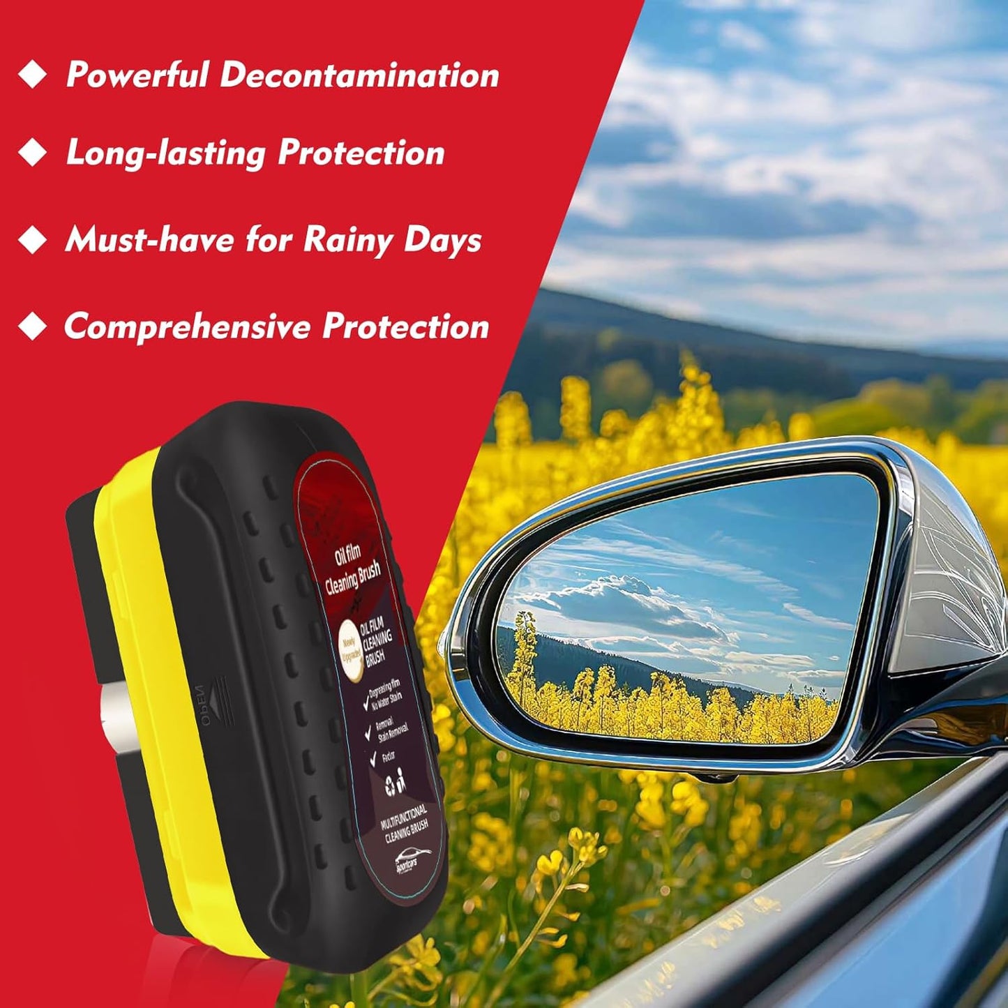 Automotive Oil Film Cleaning Brush with Reusable Foam Sprayer, Upgraded Antifog Glass Cleaning Board, Glass Oil Film Remover for Car Windows & Windshields, Versatile Car Glass Cleaner Brush (Red)