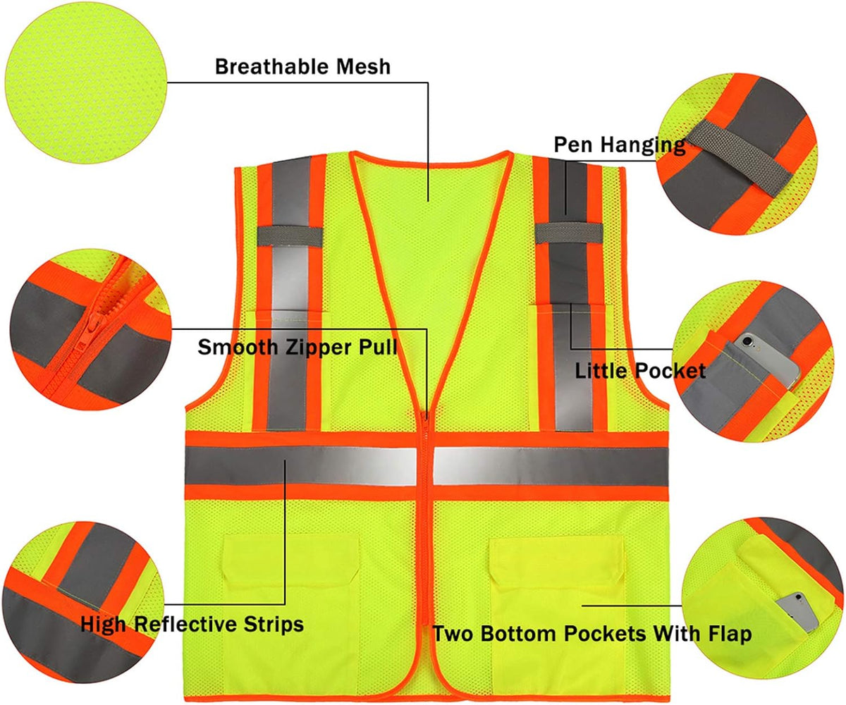 High Visibility Reflective Safety Vest with Zipper and Pockets Orange,M
