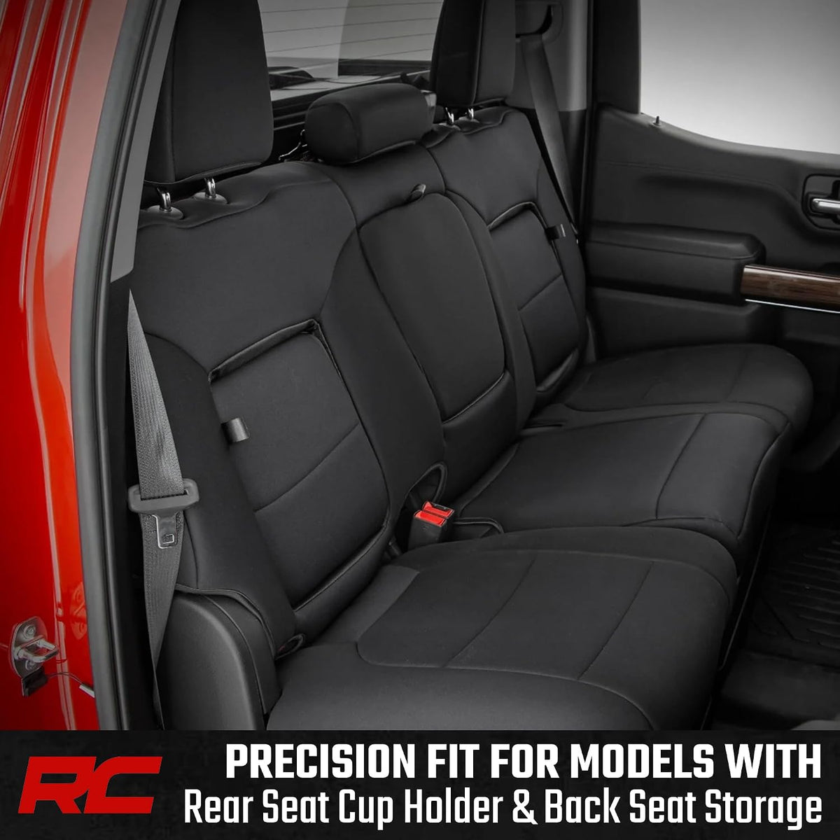 Rough Country Neoprene Seat Covers for Chevy Silverado & GMC Sierra 1500 (2019-2026) w/No Rear Seat Storage or Cup Holder - Waterproof & UV Resistant, Foam Padded, Front & Rear Row Cover Set