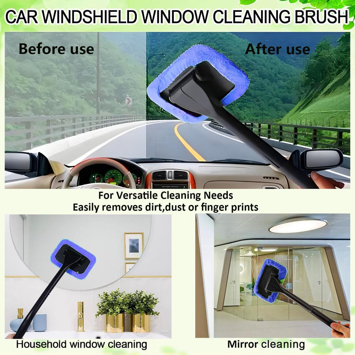 desin Car Windshield Cleaning Tool, Windshield Cleaner with 5 Washable and Reusable Microfiber Pads and Extendable Handle, for Auto Glass Wiper (Green)