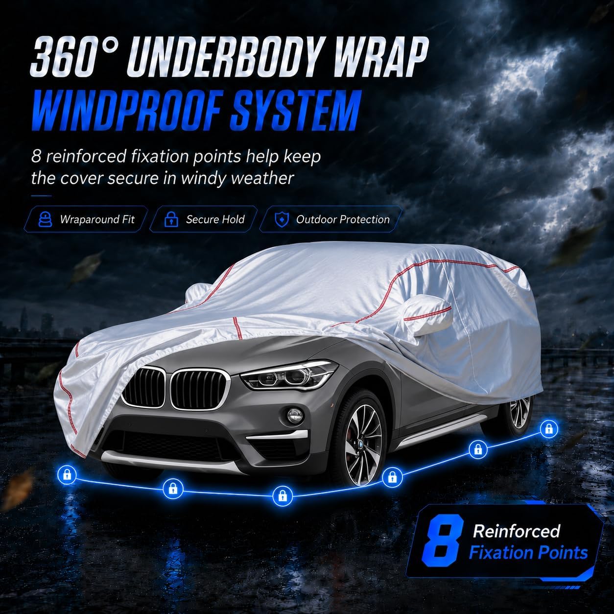 Car Cover for Sedan, Waterproof All Weather Heavy Duty, 360° Underbody Wrap Windproof Design, Quick Install Outdoor Vehicle Cover, Fits 186-193 in
