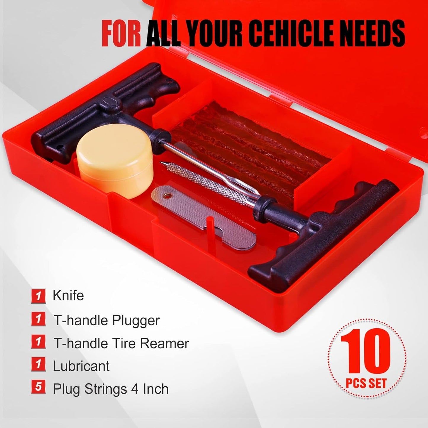 AWELCRAFT 10-Piece Economical Tire Repair Kit – Flat Tire Plug Kit with T-Handle Tools, Storage Case – Fix Punctures Fast, No Tire Removal Needed – Ideal for Car, Truck, Motorcycle, ATV