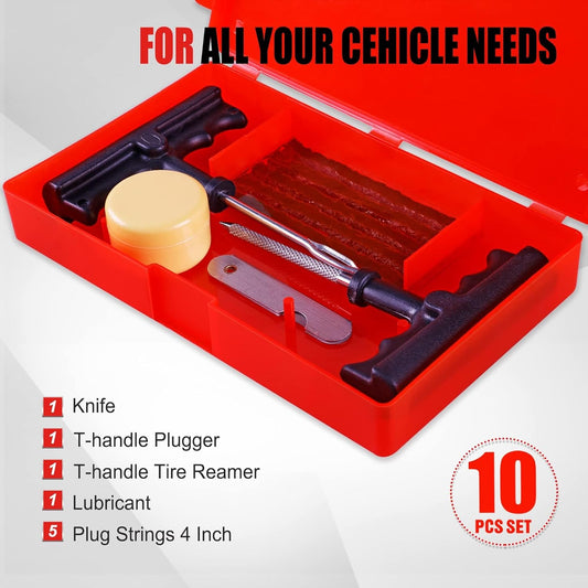 AWELCRAFT 10-Piece Economical Tire Repair Kit – Flat Tire Plug Kit with T-Handle Tools, Storage Case – Fix Punctures Fast, No Tire Removal Needed – Ideal for Car, Truck, Motorcycle, ATV