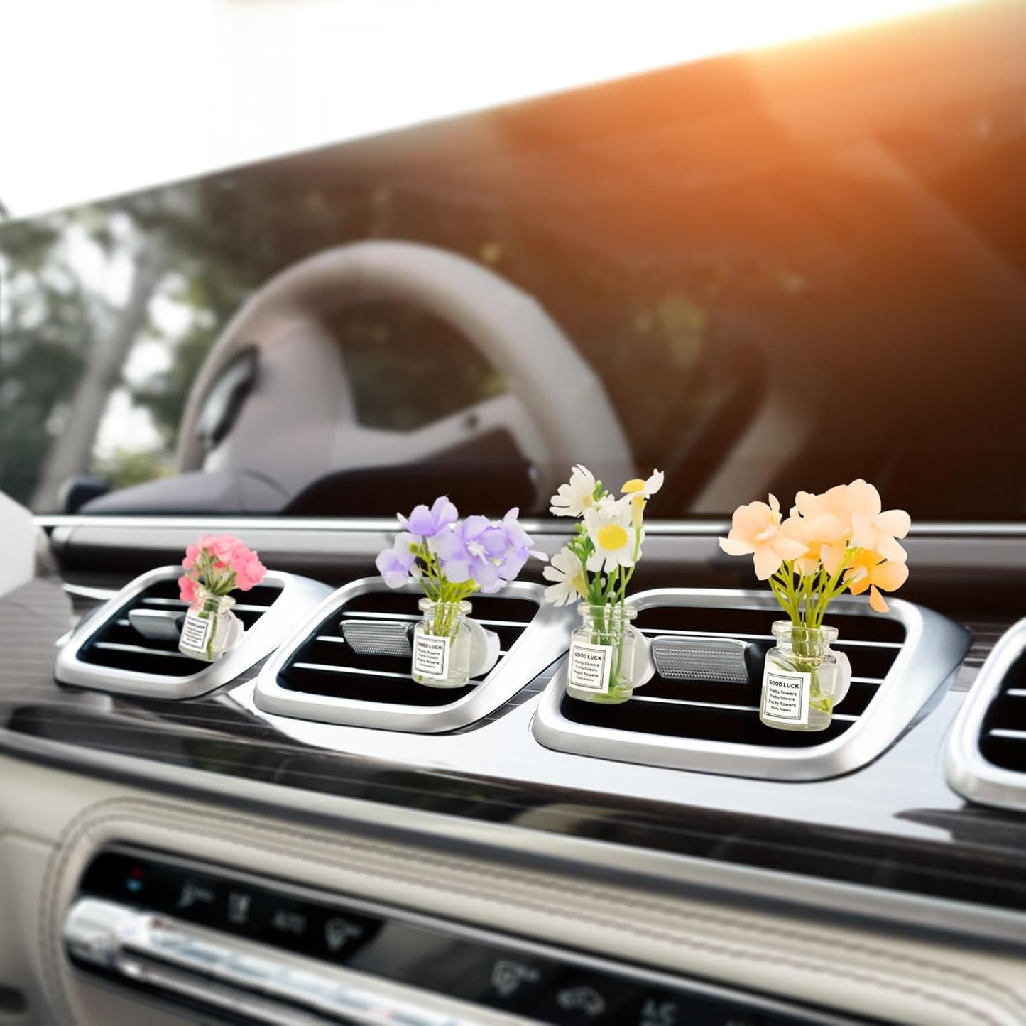 4 Pack Flowers Car Vent Clips, Cute Daisy Plants Vase Air Conditioning Outlet Clip with Fragrance Pads, Charm Scent Perfume Automotive Interior Decorations for Women