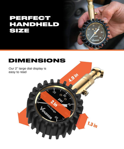 Tire Pressure Gauge - (0-60 PSI) Heavy Duty, Certified ANSI Accurate with Large 2 Inch Easy to Read Glow Dial, Low - High Air Pressure Gauge. Tire Gauge for Car and Trucks Tires by Vondior