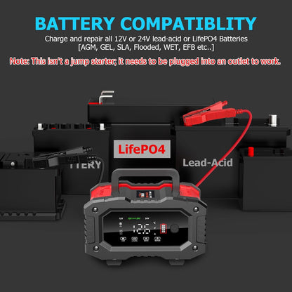 YONHAN Battery Charger 20A 12V/24V LiFePO4 Lead Acid Fully Automatic Battery Maintainer, Car Battery Trickle Charger Automotive w/Repair, Winter Mode, for AGM, STD, Gel, Deep Cycle Batteries