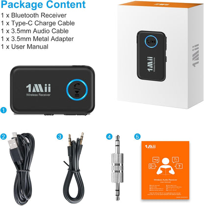 1Mii Bluetooth 5.3 Music Receiver for Car/Home Stereo, Aux Bluetooth Adapter for Car with Volume Control Supports Hands Free Calls, 16H Battery Life