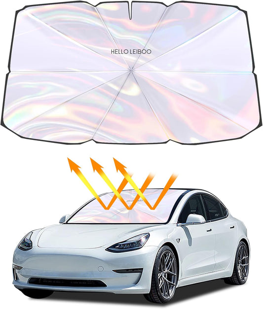 helloleiboo Car Windshield Sun Shade Umbrella 57" x 32", Windshield Sun Shade Foldable with 5-Layer Thickened Vinyl Coating Reflective Heat & UV Protection Fits Most Sedans & Compact SUVs