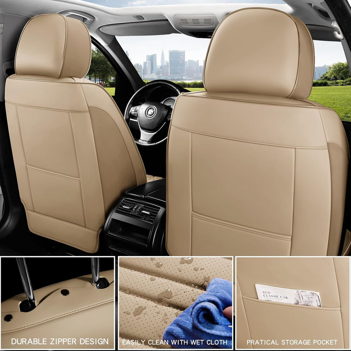 MINGBRON Car Seat Cover Full Set, Leather Car Seat Cover, Waterproof Seat Covers, Car Seat Cushion, Nappa Leather Seat Covers Car Seat Protector Universal Fit Most Cars Black