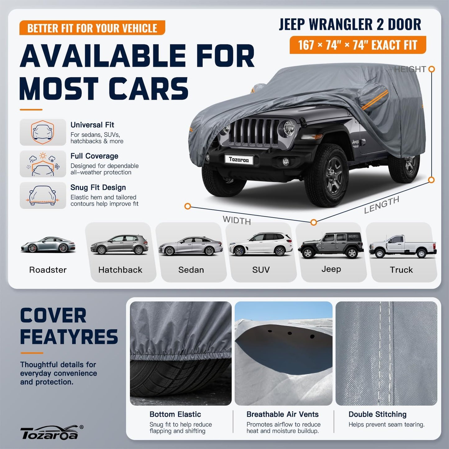 SUV Cover Waterproof All-Weather,Outdoor Full Exterior Automobiles SUV(Length 182-190 inch) with Windshield Sun Shade Universal Fit Toyota RAV4,CRV,Model Y,Q5,Size S2 (See SizeChart)