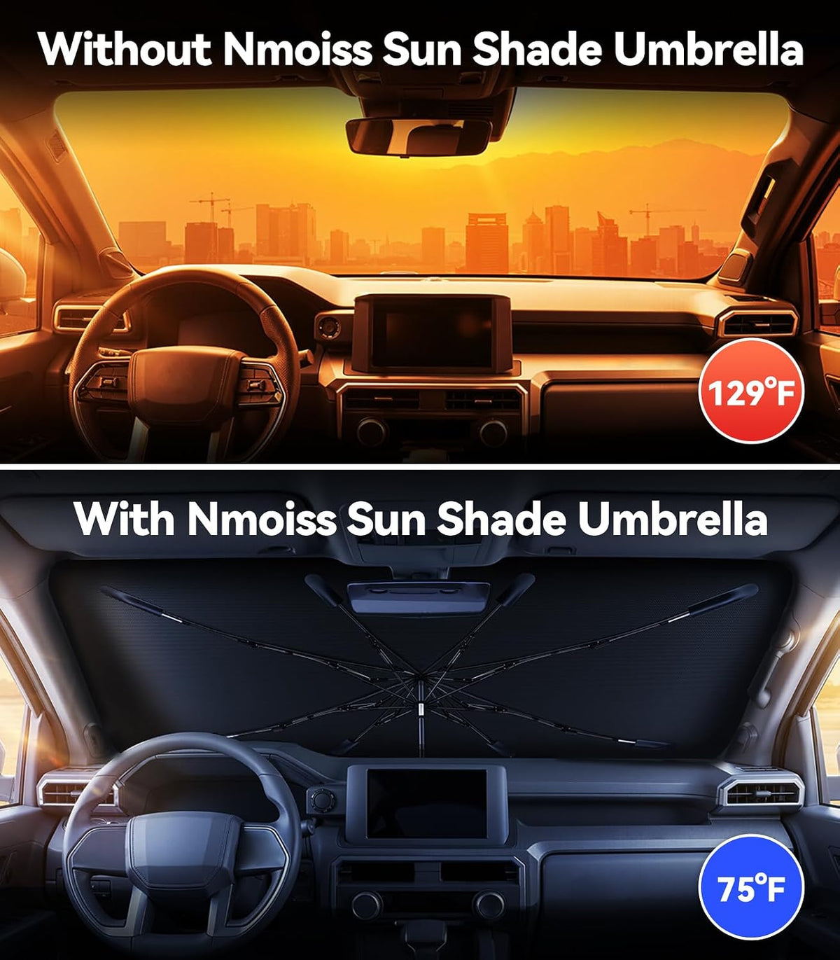 [Upgraded] Nmoiss Windshield Sun Shade Umbrella - [Vinyl Coating Heat Shield] Protect Car from Sun Rays & Heat Damage Keep Cool and Protect Interior, Spring Structure Edge Medium 56" L x 31" W