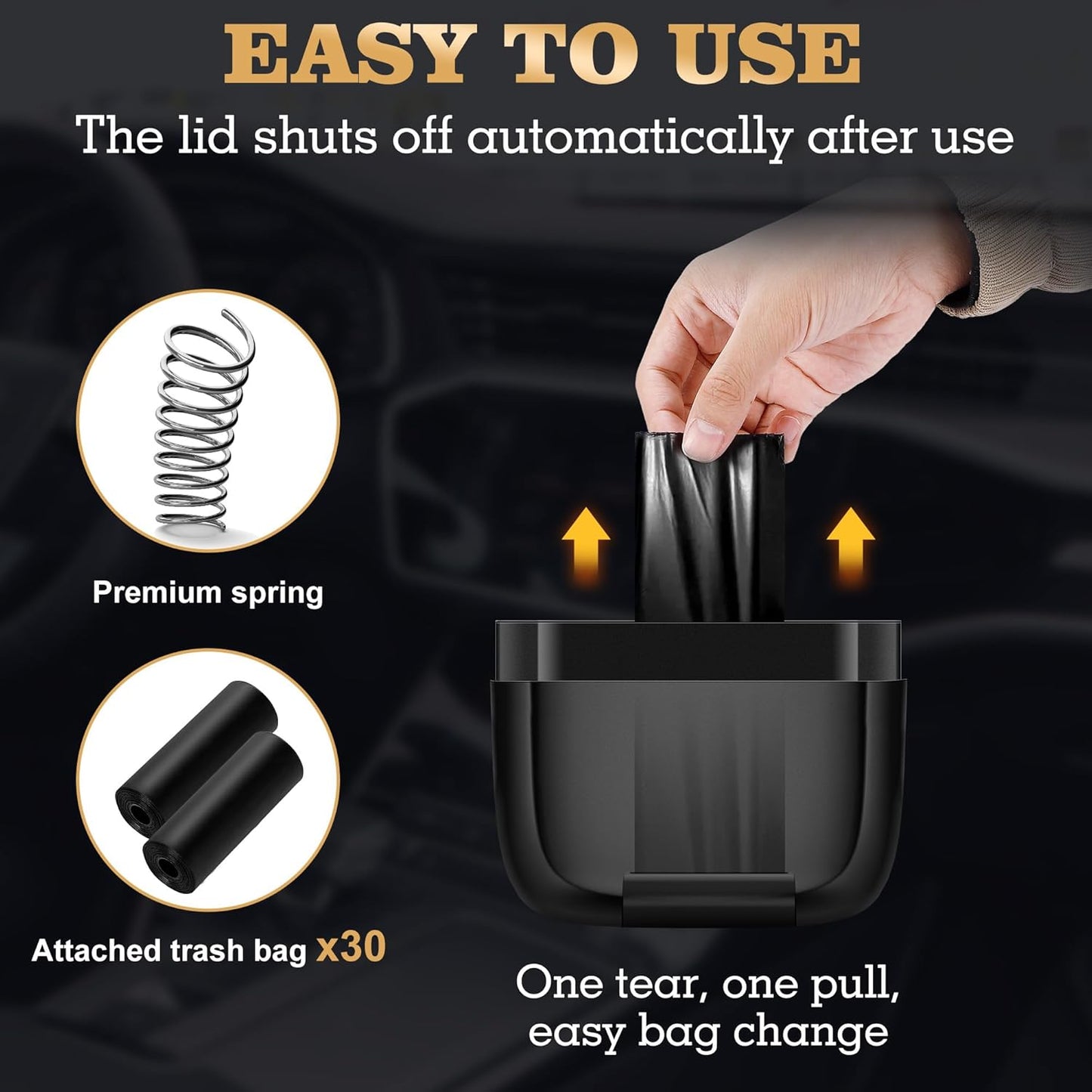 2 Packs Car Trash Can with Lid，Built-in Storage Garbage Bag，Leakproof Vehicle Trash，Car Accessories for Interior,Mini Garbage Bin for Automotive, Office, Kitchen,Bedroom，with 60pcs Trash Bags
