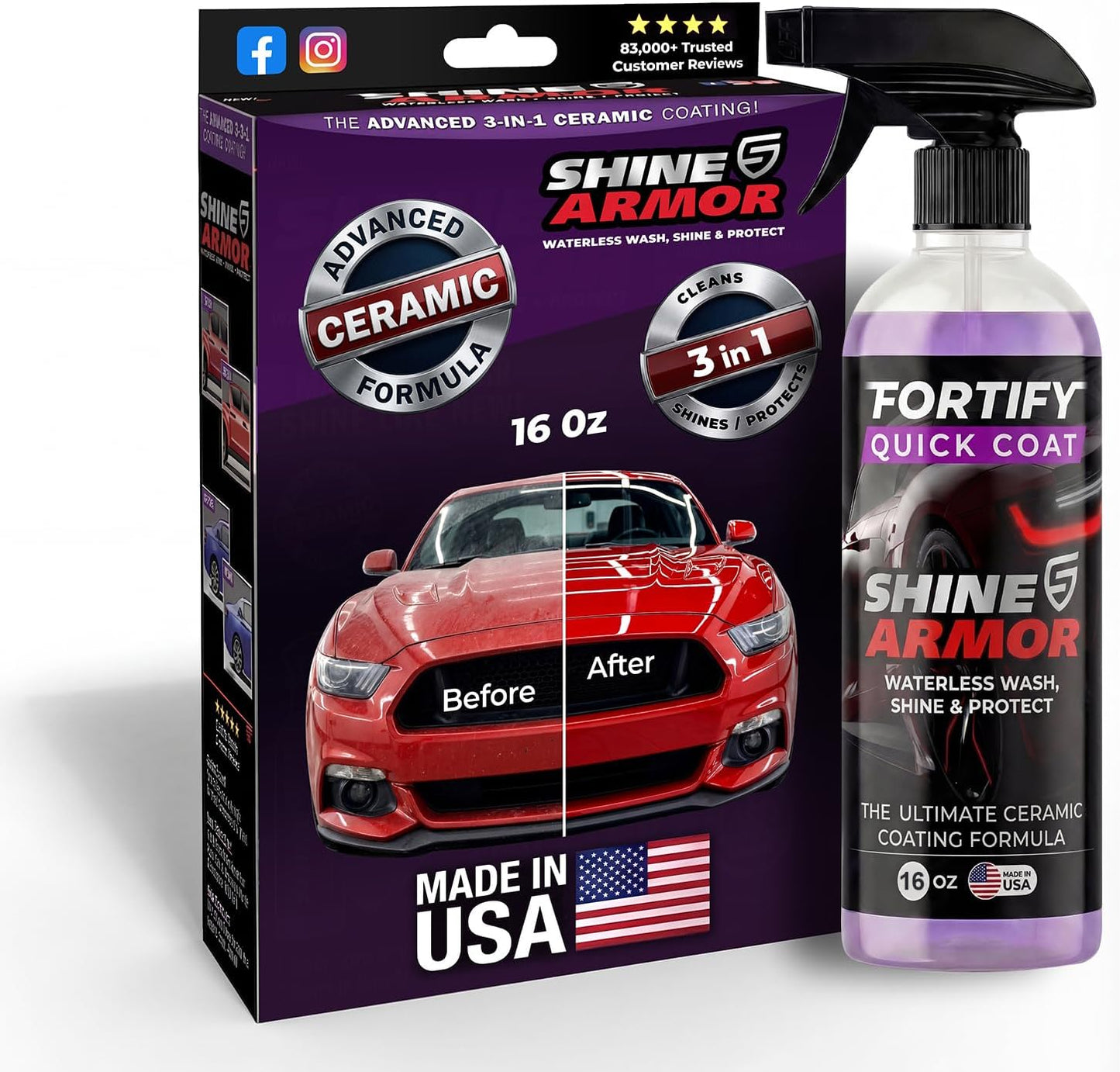 SHINE ARMOR Fortify Quick Coat: 3-in-1 Waterless Car Wash Spray with Ceramic Coating - Car Wax, Paint Protector, and Cleaner for Trucks, Bikes and SUVs, Made in USA, 16floz