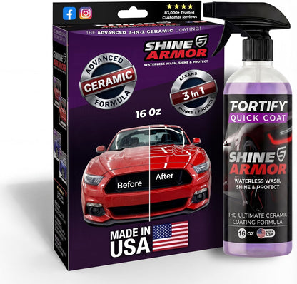 SHINE ARMOR Fortify Quick Coat: 3-in-1 Waterless Car Wash Spray with Ceramic Coating - Car Wax, Paint Protector, and Cleaner for Trucks, Bikes and SUVs, Made in USA, 16floz
