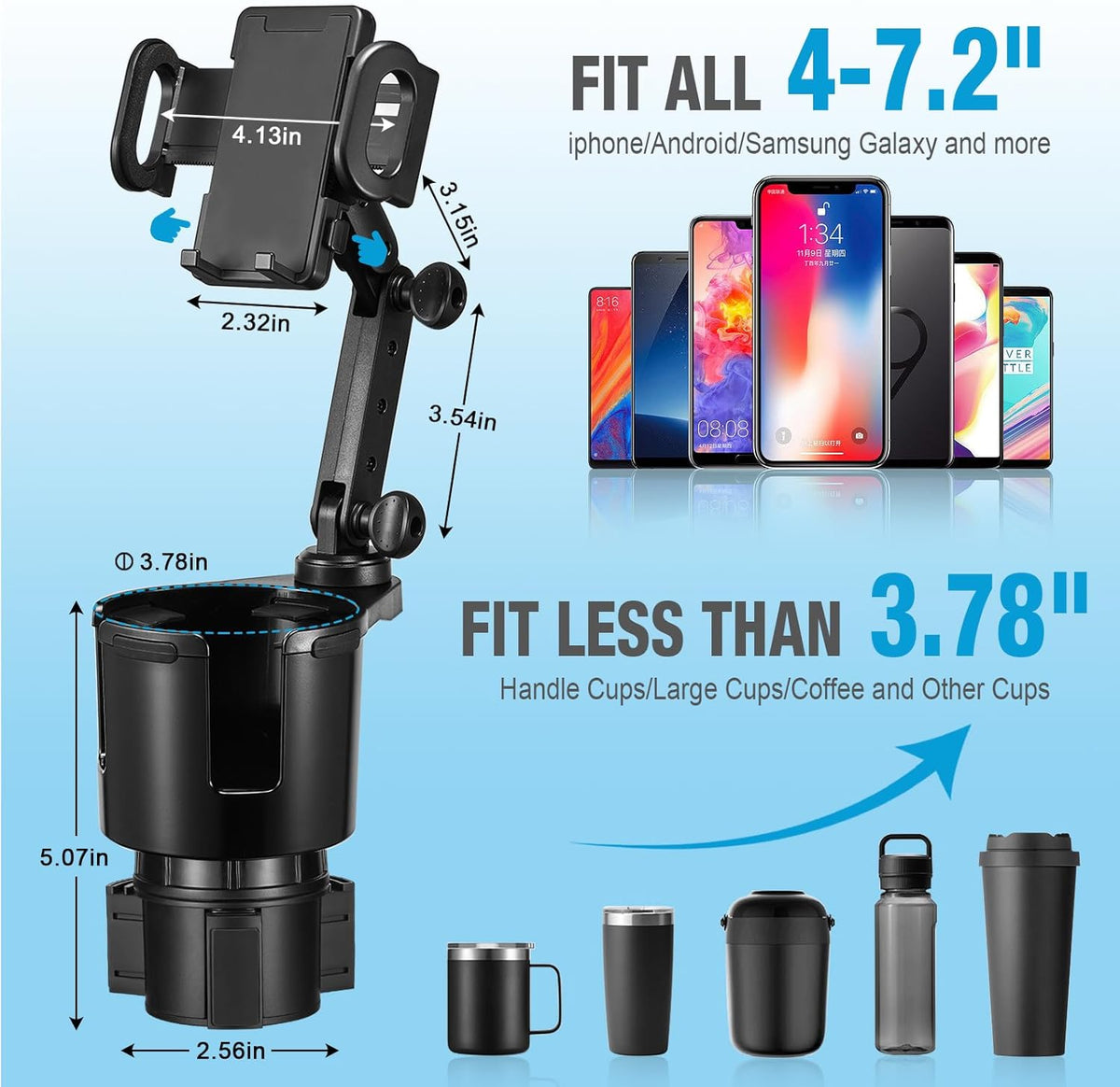 Cup Holder Phone Mount, 2 in 1 Cup Holder Expander for Car Long Arm with 360°Rotation Cup Holder Cell Phone Holder for Car Compatible with All Smartphones