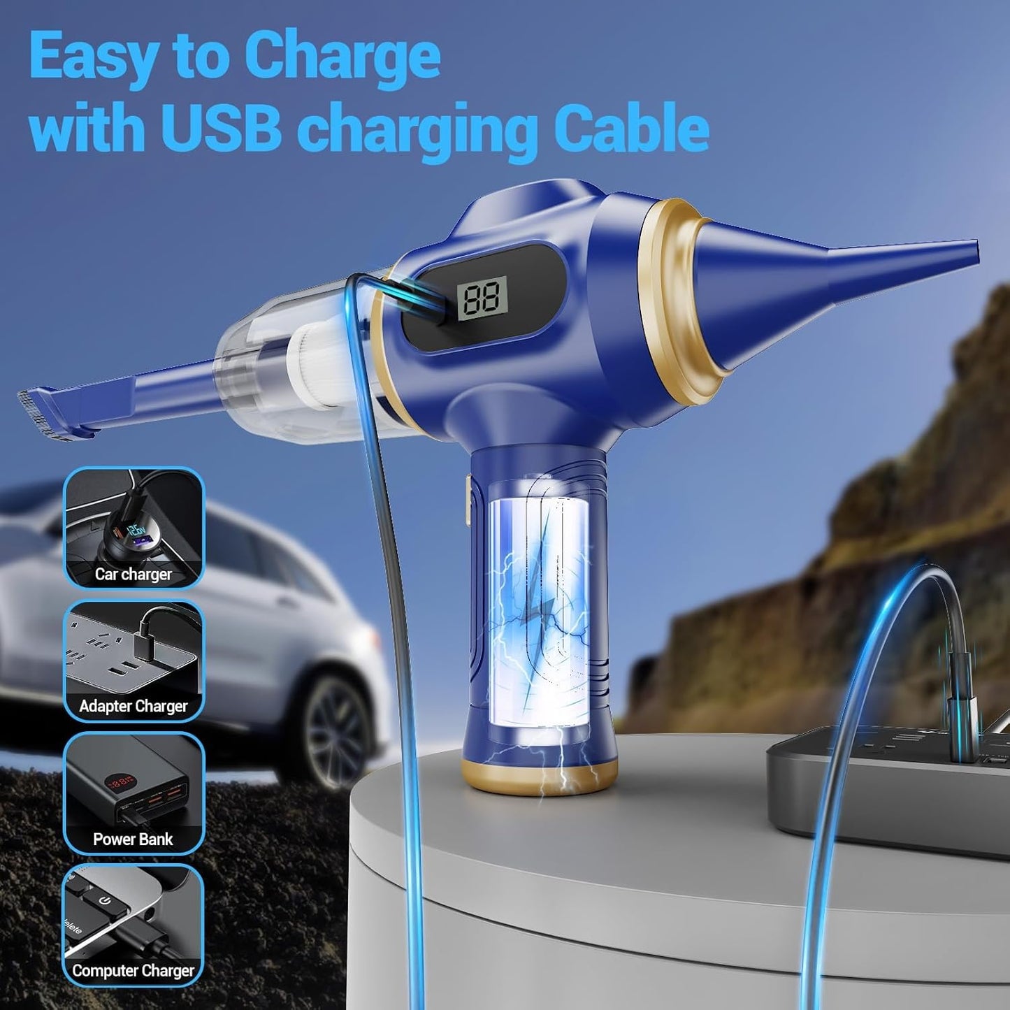 Portable Car Vacuum Cordless Mini Handheld Vacuums Cleaner Rechargeable with LCD Display and Multi-Nozzles, High Power Hand held Cleaners for Car, Home, Office, Sofa, Pet Hair,Keyboard