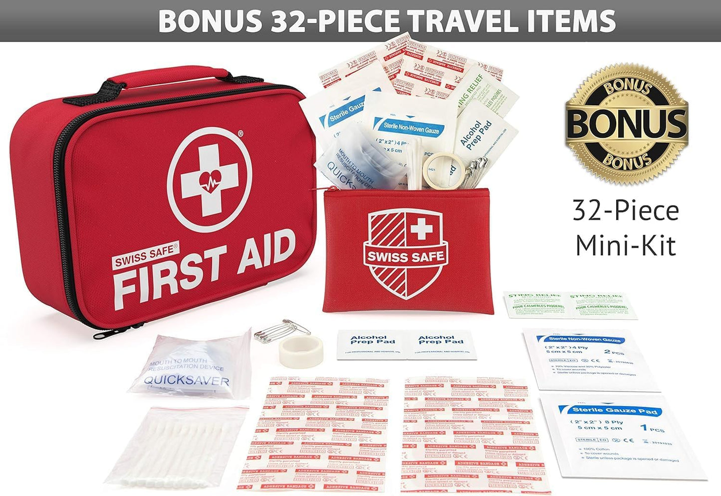 Swiss Safe 2-in-1 First Aid Kit for Car, Travel and Home, 348 Pieces, Large Hardcase with Bonus Mini Kit for Medical Emergency, Survival and Camping