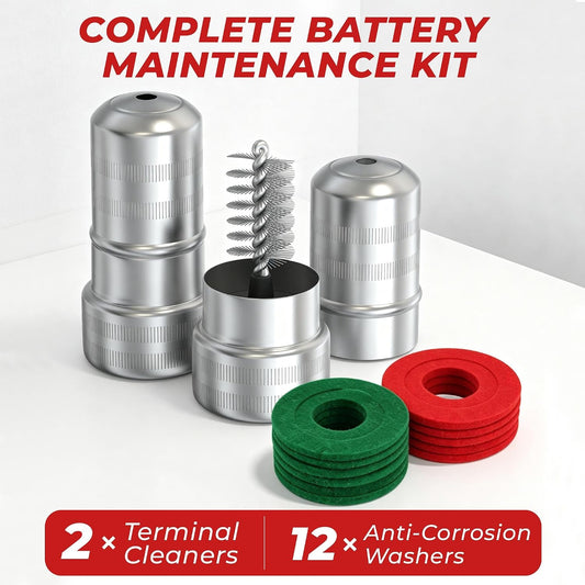 LotFancy Battery Terminal Cleaners (2 pcs), Plus 12 pcs Battery Terminal Anti-Corrosion Fiber Washers (6 Red & 6 Green) for Car Marine RV