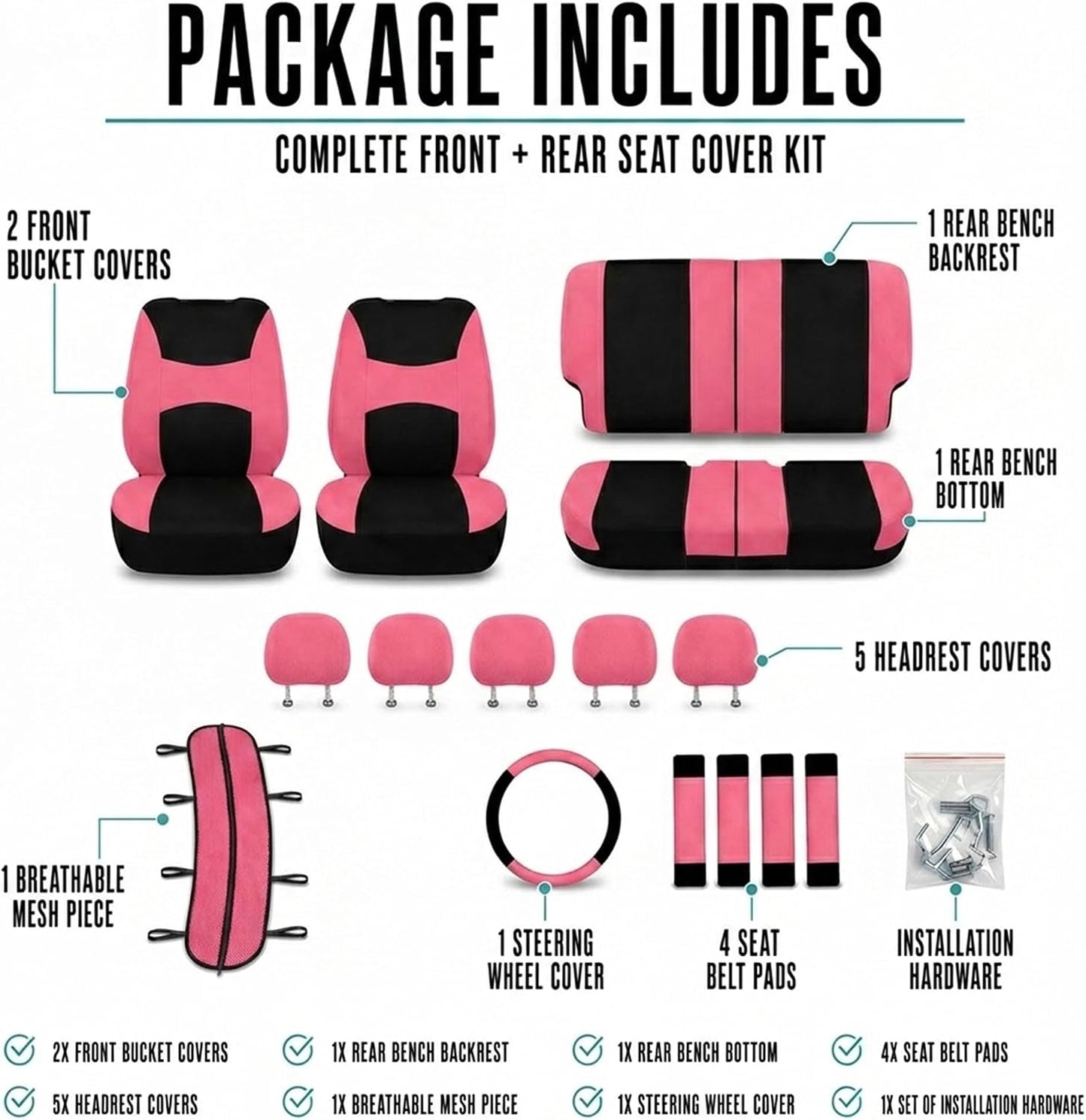 FH Group Full Set Cloth Car Seat Covers, Universal Fit Front and Split Bench Rear, Airbag Compatible, Washable for SUV, Sedan, Van - Black