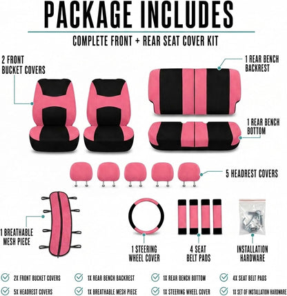FH Group Full Set Cloth Car Seat Covers, Universal Fit Front and Split Bench Rear, Airbag Compatible, Washable for SUV, Sedan, Van - Black