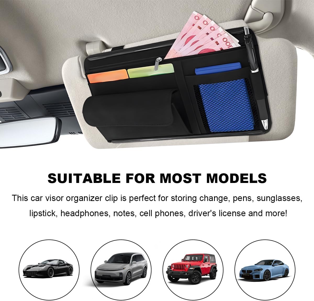 Car Sun Visor Organizer, Leather Sun Visor Pocket Organizer Case with Multi-Pocket Net Zipper, Suede Note Holder Car Visor Storage Pouch for Card Pen Sunglasses Document (Gray)