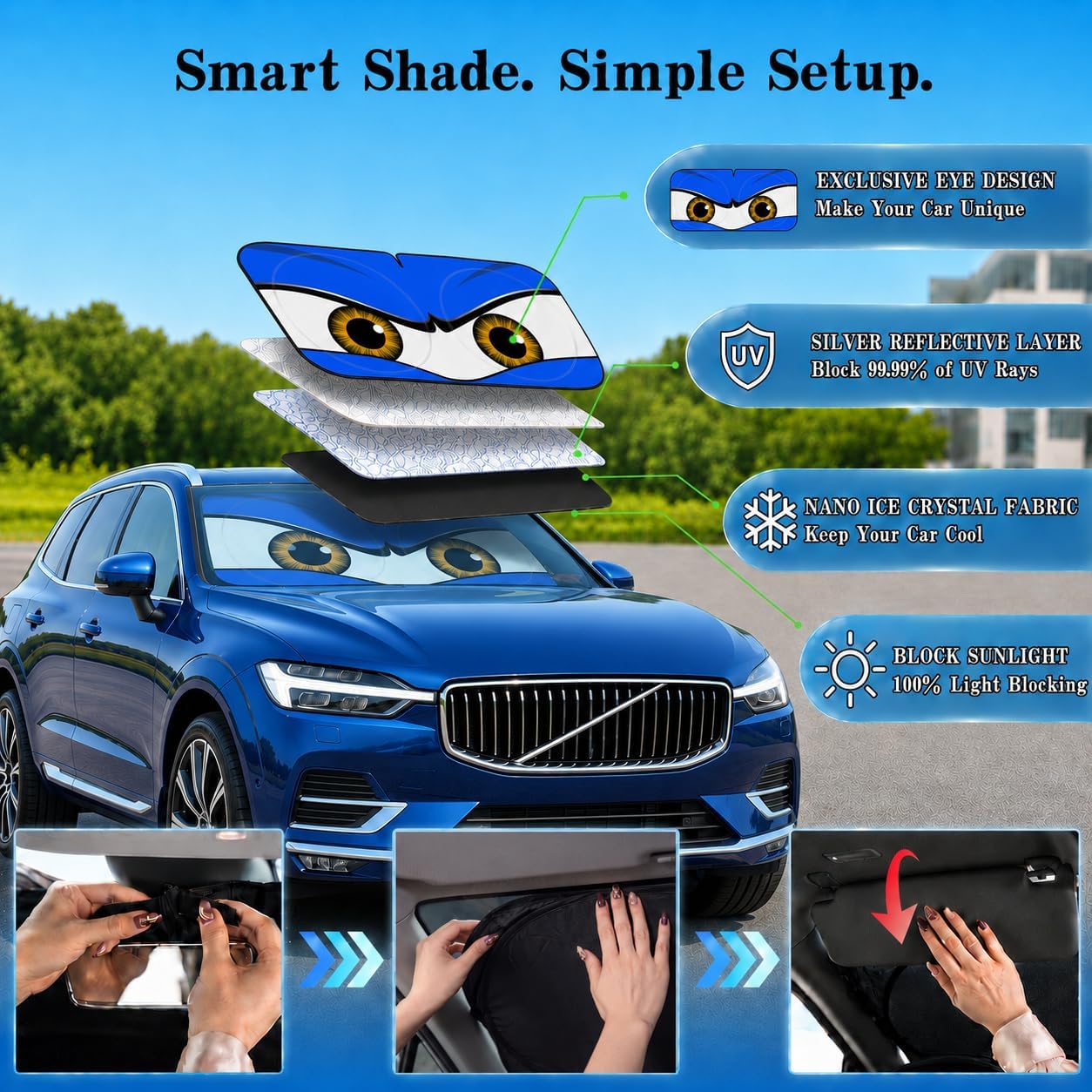 Car Windshield Sun Shade, Funny Cartoon Eyes Sun Visor for Car Windshield Universal Fits Sedan Compact Car Hatchback SUV, UV Heat Protection - 59 x 27.5