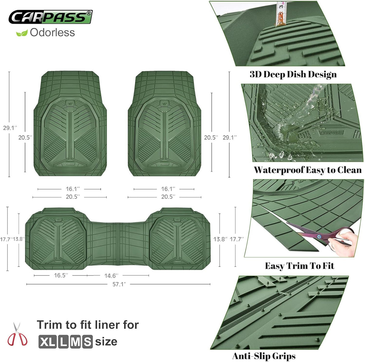 CAR PASS Heavy Duty Rubber Car Mats with Cargo Liner, Deep-Dish Car Floor Mats and Trunk Mat All Weather, Universal Trim-to-Fit for SUVs Trucks Sedans, Waterproof Anti-Slip, Trimmable V12 Black