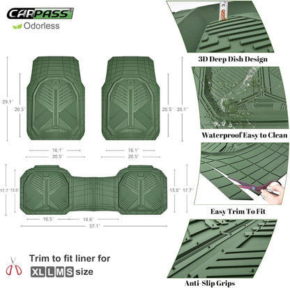 CAR PASS Heavy Duty Rubber Car Mats with Cargo Liner, Deep-Dish Car Floor Mats and Trunk Mat All Weather, Universal Trim-to-Fit for SUVs Trucks Sedans, Waterproof Anti-Slip, Trimmable V12 Black