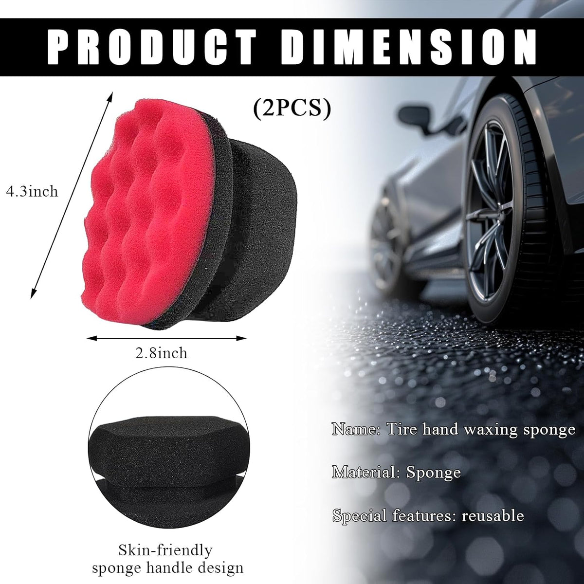 KVAEY 2 PCS Tire Dressing Applicator Pads, Reusable Hex Grip Tire Shine Applicator Polishing Sponge Pads, Wheel Tire Shine Detailing Foam for Most Vehicles, Car Accessories (Black, 3.15")