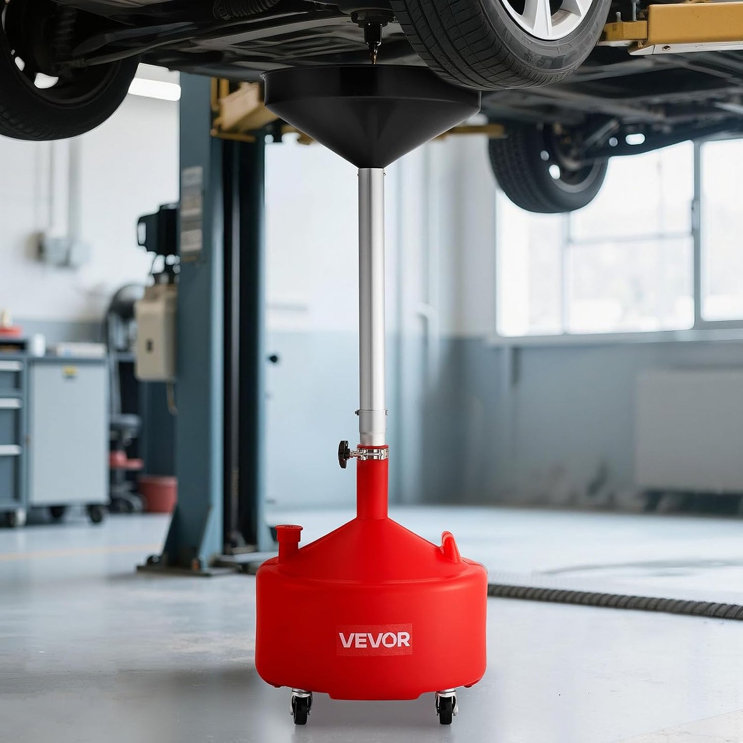 VEVOR Oil Drain Container, 20 Gallon Waste Oil Drain Tank, Portable Oil Lift Drain Pan Air Operated Drainer, Fluid Fuel Drainage Adjustable Funnel Height with Pressure Regulating Valve & Wheel