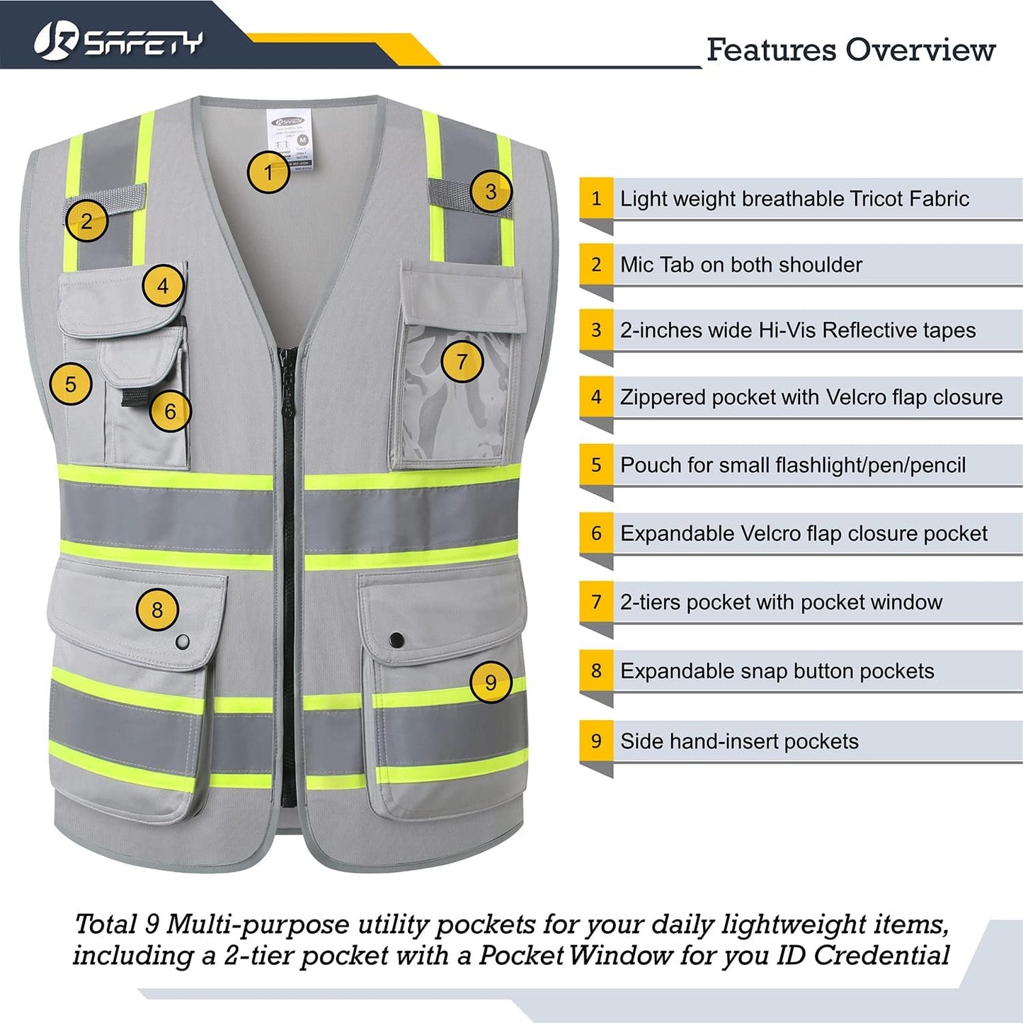 JKSafety 9 Pockets Class 2 High Visibility Zipper Front Safety Vest With Reflective Strips,Meets ANSI/ISEA Standard (Large, 150-Yellow) - Colors B