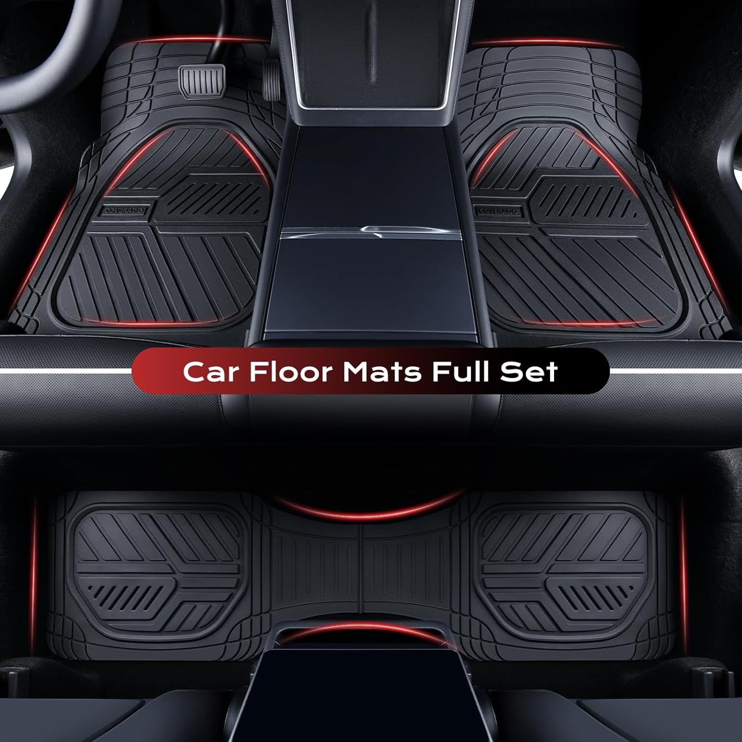 Coverado Car Floor Mats All Weather Waterproof Deep Dish Anti-Slip Car Mats Set, Heavy Duty Rubber Floor Mats for Cars, Universal Trim to Fit Automotive Floor Mats for Cars Trucks SUV, Black&Red