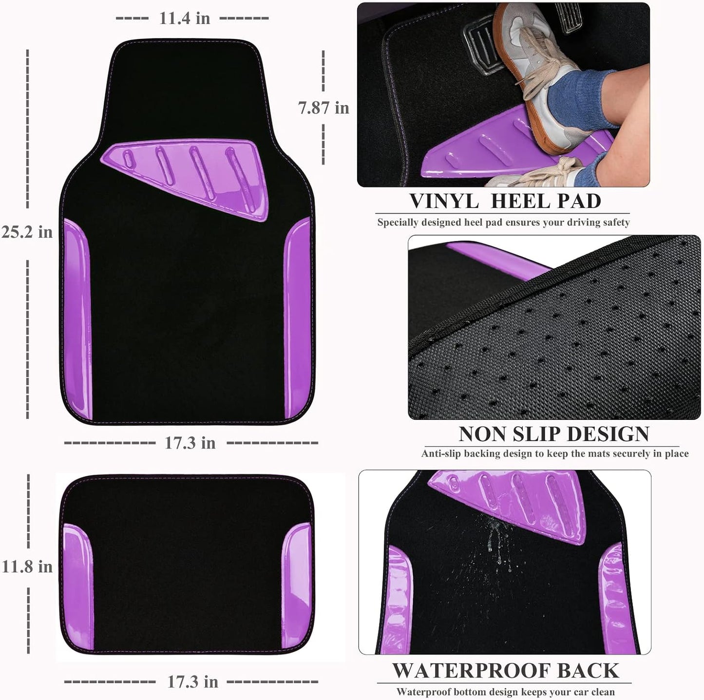 CAR PASS Waterproof Universal Fit Car Floor Mats, Faux Leather Car Carpet Mats, Black Car Mats with Anti-Slip Nibbs Backing & Driver Heel Pad Fit for SUV,Vans,sedans, Trucks,Set of 4pcs(All Black)