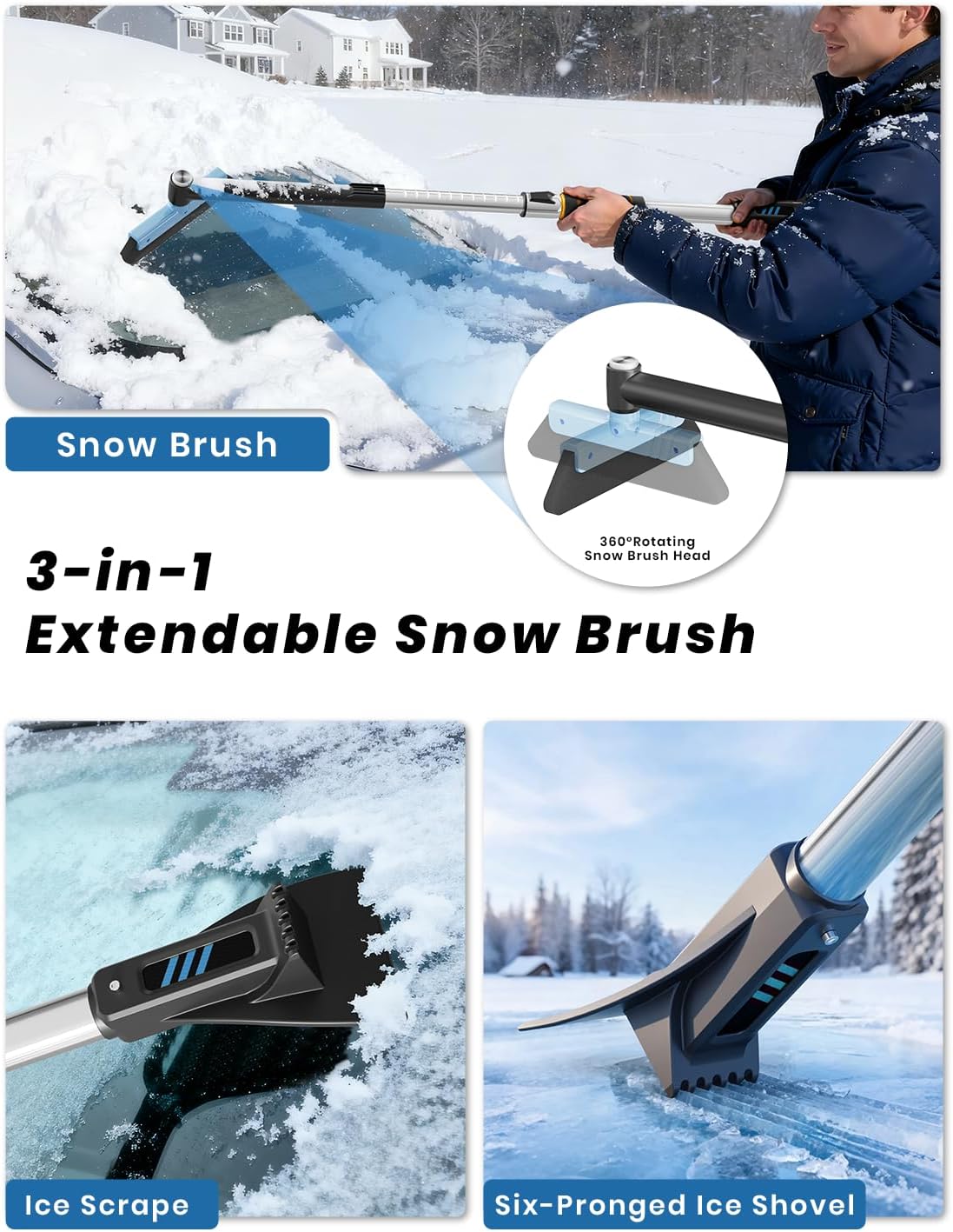 helloleiboo 43.7" Extendable Ice Scrapers for Car Windshield for 12 Adjustable Length Settings with Foam Grip and 360° Pivoting Brush Head Detachable Snow Brush for Truck SUV(Orange)