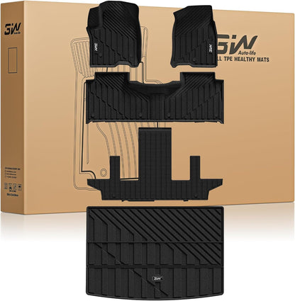 3W Floor Mats & Cargo Liner Fit for 2021 2022 2023 2024 2025 2026 Chevy Tahoe/GMC Yukon/Cadillac Escalade 7 Seat, TPE All Weather Custom Fit Car Accessories Heavy Duty Rubber Full Set Trunk Mats - Colors B