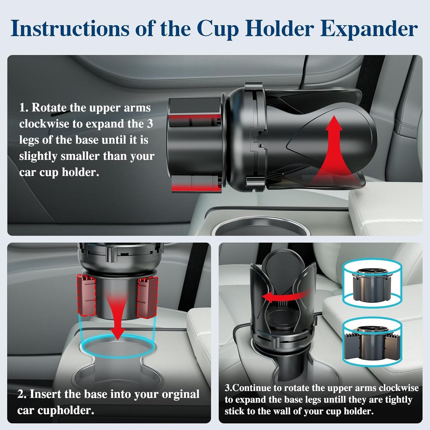 Car Cup Holder Expander, Cup Holder Extender Adapter with Expandable Arm and Adjustable Base, Compatible with Yeti Ramblers, Hydro Flasks, Stanley, Owala Most Coffee Mugs Bottles & Cups (CUP-2pack)