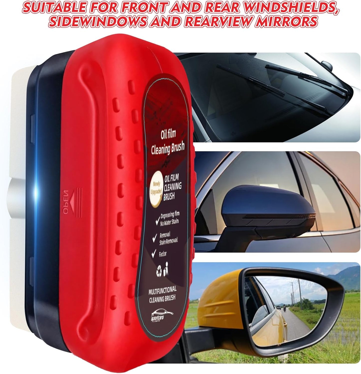 Automotive Oil Film Cleaning Brush with Reusable Foam Sprayer, Upgraded Antifog Glass Cleaning Board, Glass Oil Film Remover for Car Windows & Windshields, Versatile Car Glass Cleaner Brush (Red)