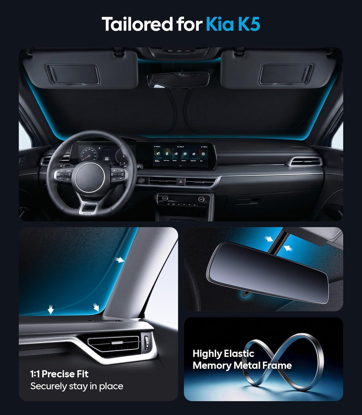 Wigoo Tesla New Model Y Accessories Windshield Sunshade [OEM Design, 100% Sun Blockage] Foldable Heat Insulation Sunshade with Storage Bag, for Model Y 2020~2026 (Juniper), Silver Coating - Colors A