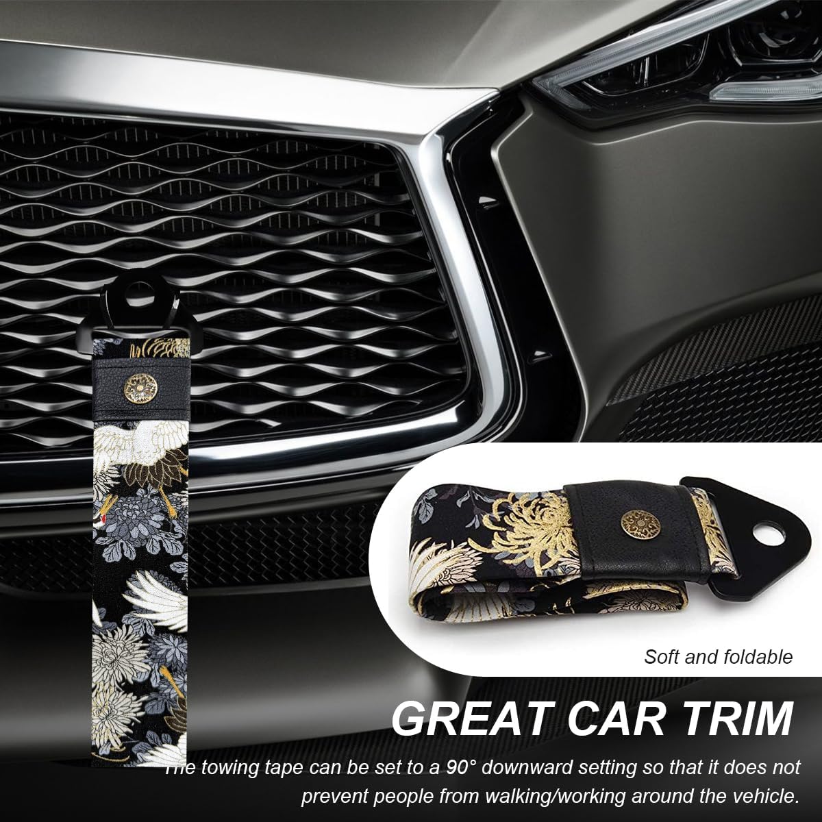 Racing Tow Strap, Stylish JDM Car Bumper Tow Strap Trailer Hook Belt for Decoration, Heavy Duty Nylon Traction Rope Universal Fit for Front or Rear Front Bumper (Black)