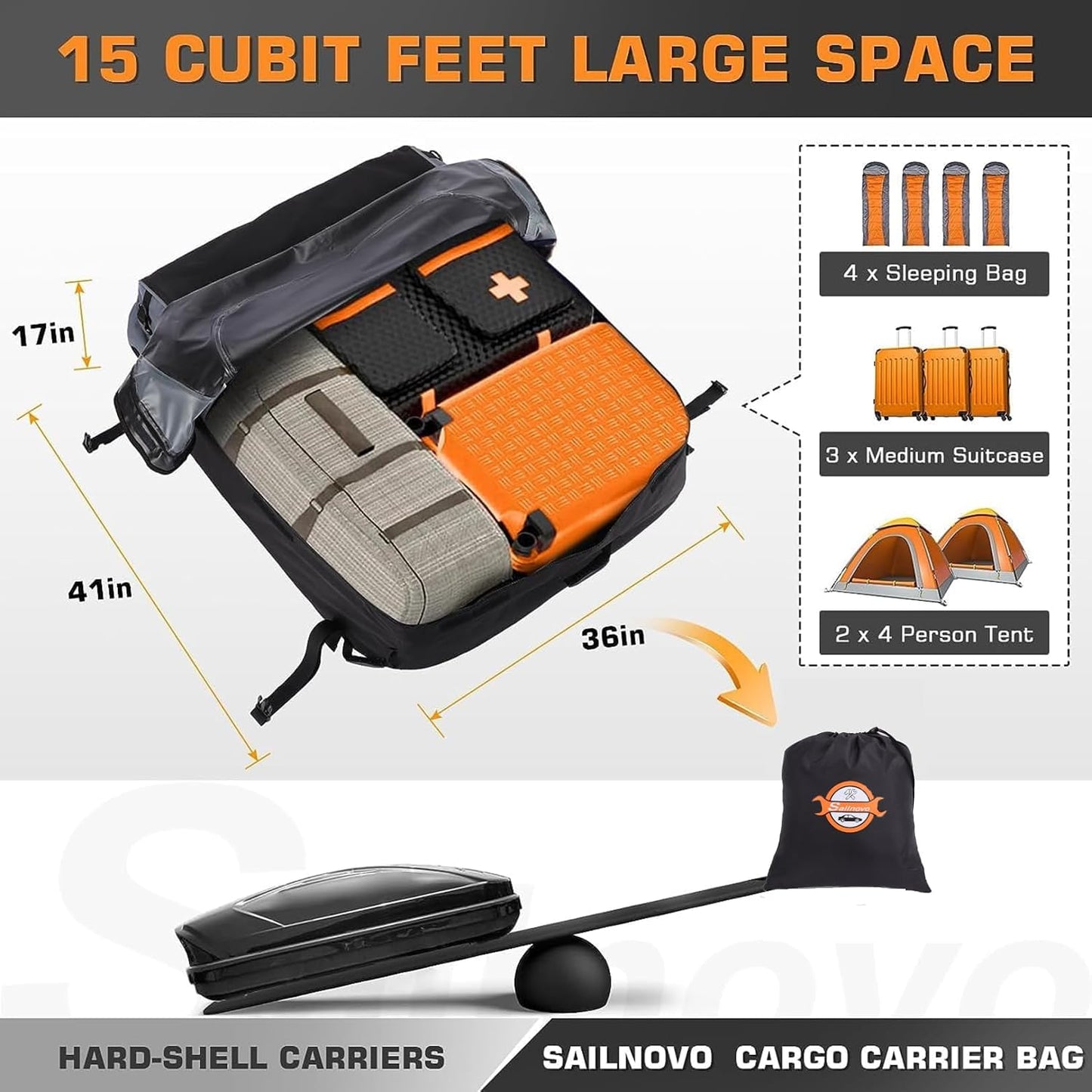Sailnovo Rooftop Cargo Carrier Roof Bag, 20 Cubic feet Soft Waterproof Car Roof Bag fit Cars with/Without Rack, 6 Tie-Down Straps, 6 Door Hooks, Foldable Car Top Carrier for Road Trip Camping Travel