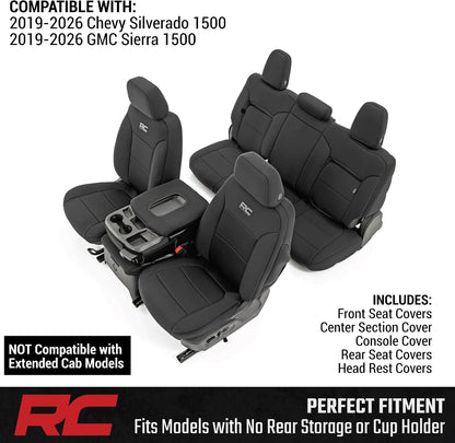 Rough Country Neoprene Seat Covers for Chevy Silverado & GMC Sierra 1500 (2019-2026) w/No Rear Seat Storage or Cup Holder - Waterproof & UV Resistant, Foam Padded, Front & Rear Row Cover Set
