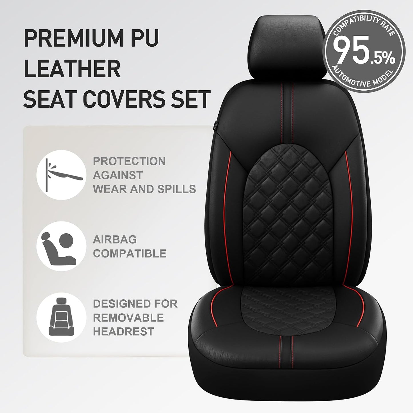 CAROMOP Luxury PU Leather Car Seat Covers Full Set-Waterproof Seat Protectors with Split Bench Seat Covers for Cars-Universal Cars Interior Covers for Sedans, SUVs, Pick-up Trucks(Gray/Gray Line)
