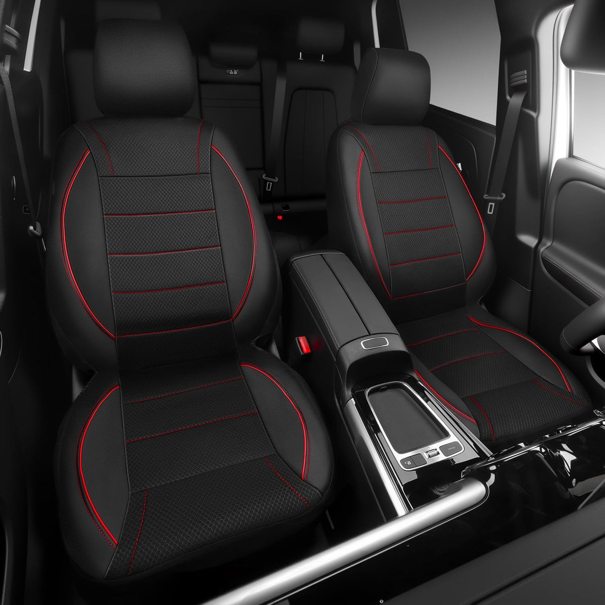 CAR PASS Universal FIT Piping Leather Two Front Seat Covers, Waterproof Faux Leather for SUV Sedan Van Truck, Airbag Compatible,Reserved Opening Holes for Headrest Covers. (Black red)