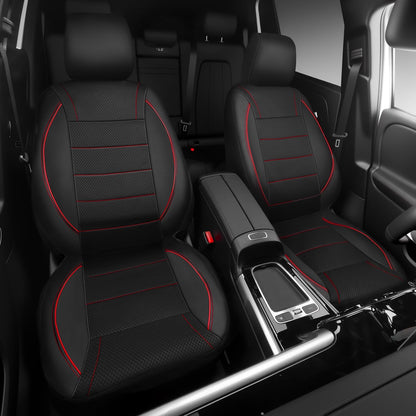 CAR PASS Universal FIT Piping Leather Two Front Seat Covers, Waterproof Faux Leather for SUV Sedan Van Truck, Airbag Compatible,Reserved Opening Holes for Headrest Covers. (Black red)