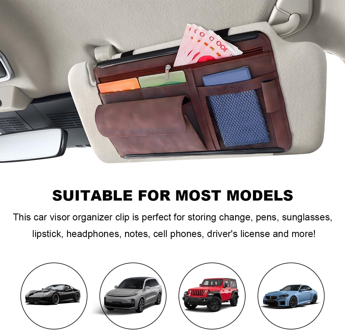 Car Sun Visor Organizer, Leather Sun Visor Pocket Organizer Case with Multi-Pocket Net Zipper, Suede Note Holder Car Visor Storage Pouch for Card Pen Sunglasses Document (Gray)