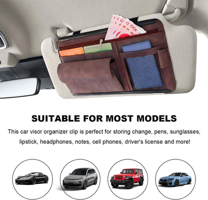 Car Sun Visor Organizer, Leather Sun Visor Pocket Organizer Case with Multi-Pocket Net Zipper, Suede Note Holder Car Visor Storage Pouch for Card Pen Sunglasses Document (Gray)