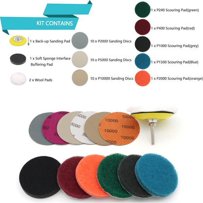 Car Headlight Restoration Kit, 3 Inch Car Polishing Sanding Discs with 1/4 Inch Shank Backing, Scouring Pads, Buffing Sponge, Soft Interface, Woolen Buffer, 41PCS