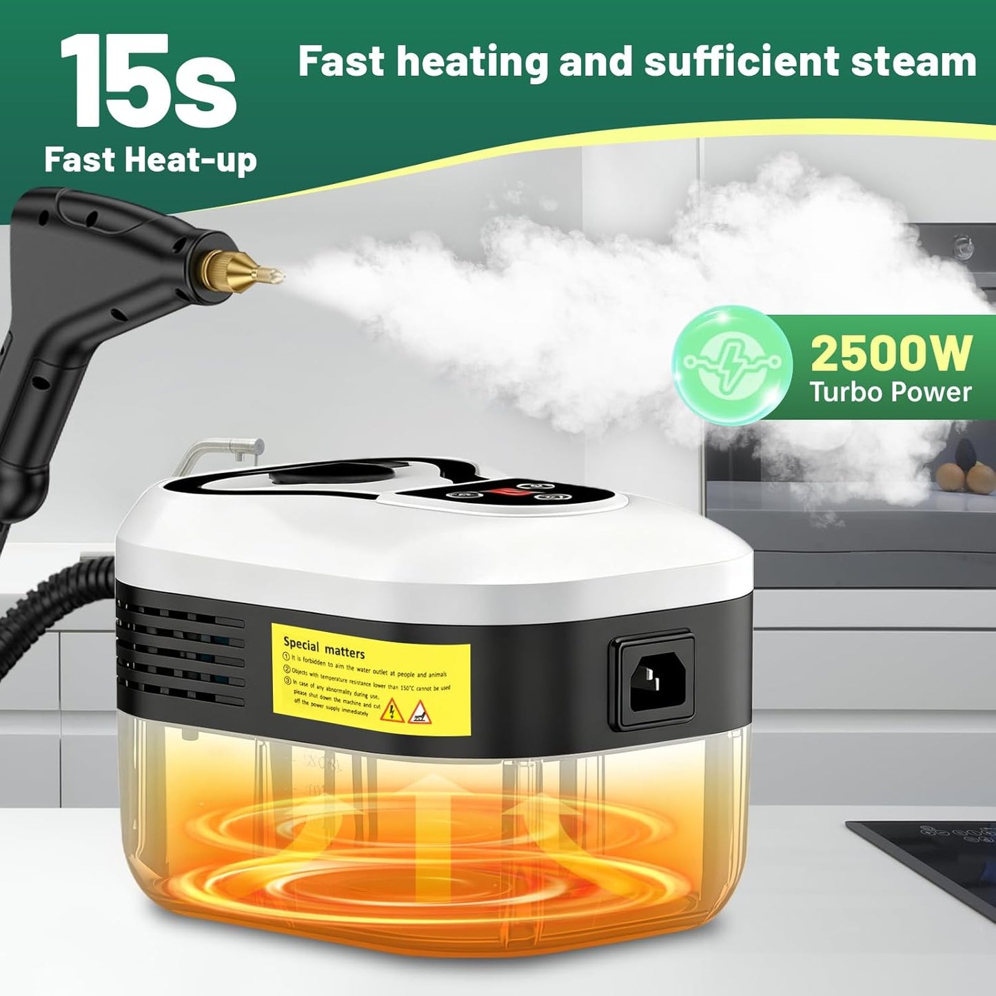 2500W Handheld Steam Cleaner, 15s Fast Heat-Up High Temp Pressurized Steamer, 1.2L Large Tank, Portable Steam Cleaning Machine for Home, Kitchen, Bathroom, Car, Grout & Furniture (Black)